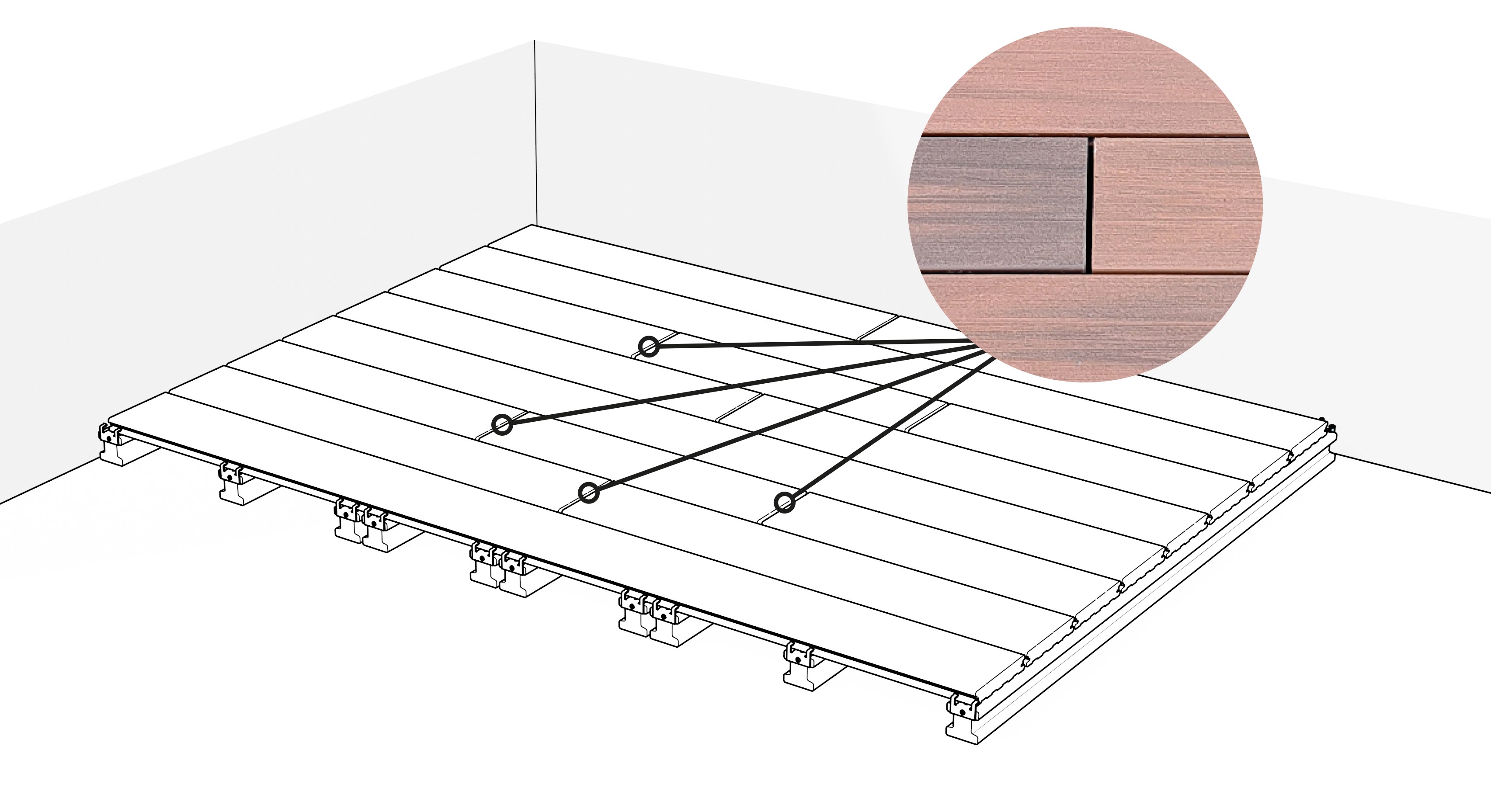 Schéma d'installation d'une terrasse en bois composite avec zoom sur le système d'assemblage des lames. La vue isométrique montre la structure complète avec lambourdes et lames, ainsi qu'un détail circulaire agrandissant la jonction entre deux lames adjacentes