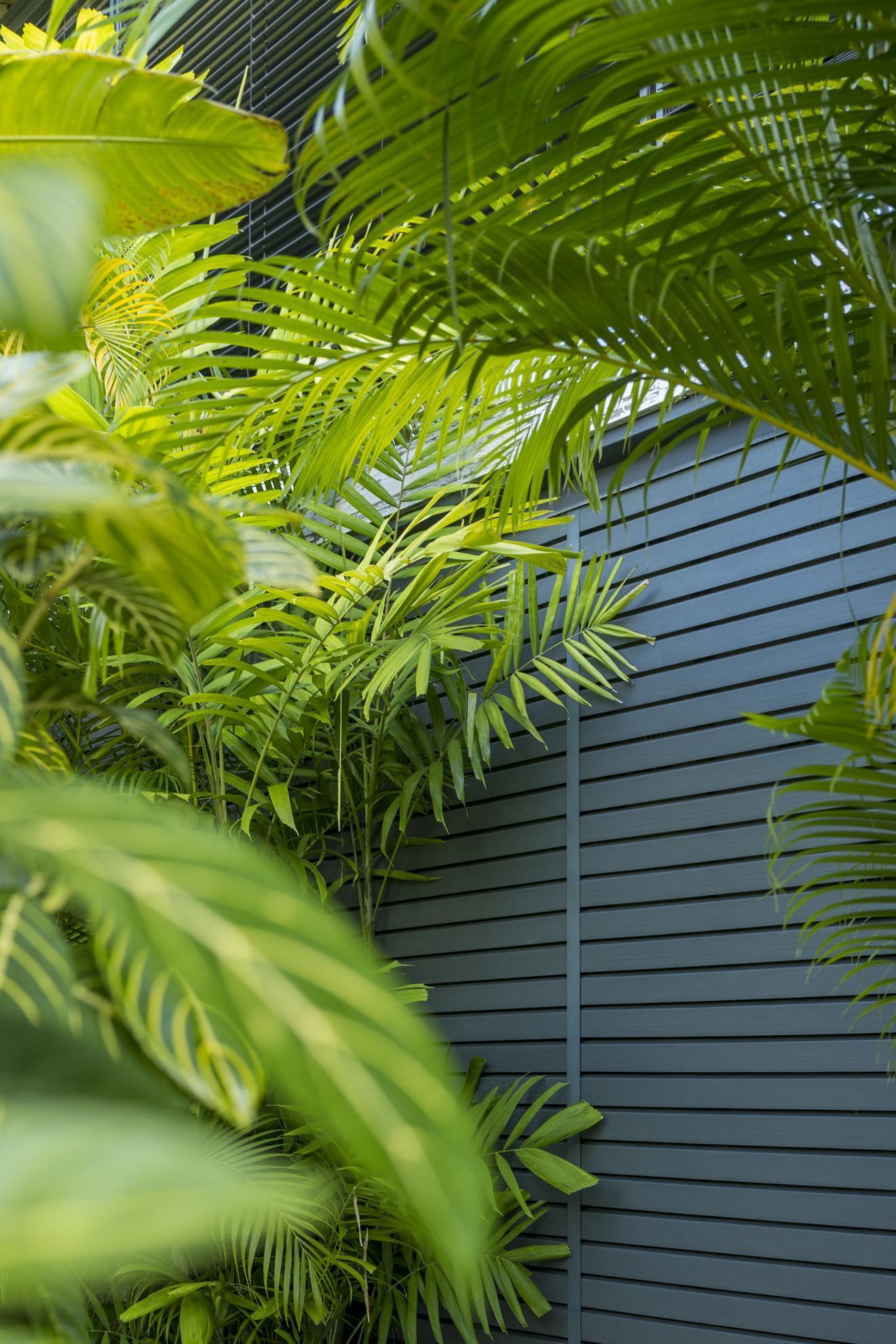 Silvadec open-joint cladding integrated in a natural environment, illustrating the visual effect of profiles creating plays of light and shadow while offering a modern and dynamic facade