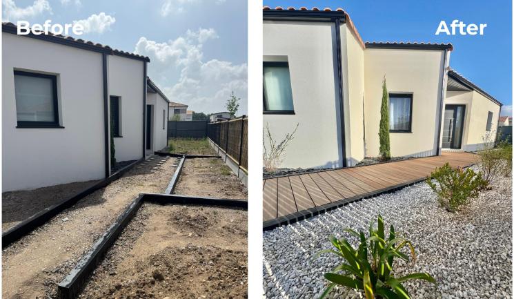 Before/after photos of the garden and access area with Silvadec Nuances Ipé composite decking boards at influencer chanala10's home